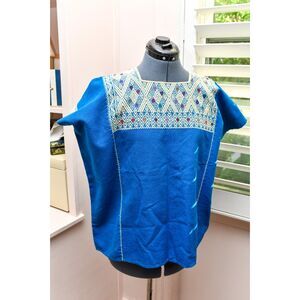 Turquoise Blue Huipil Cream Brocade Handloomed Mexican Traditional Blouse